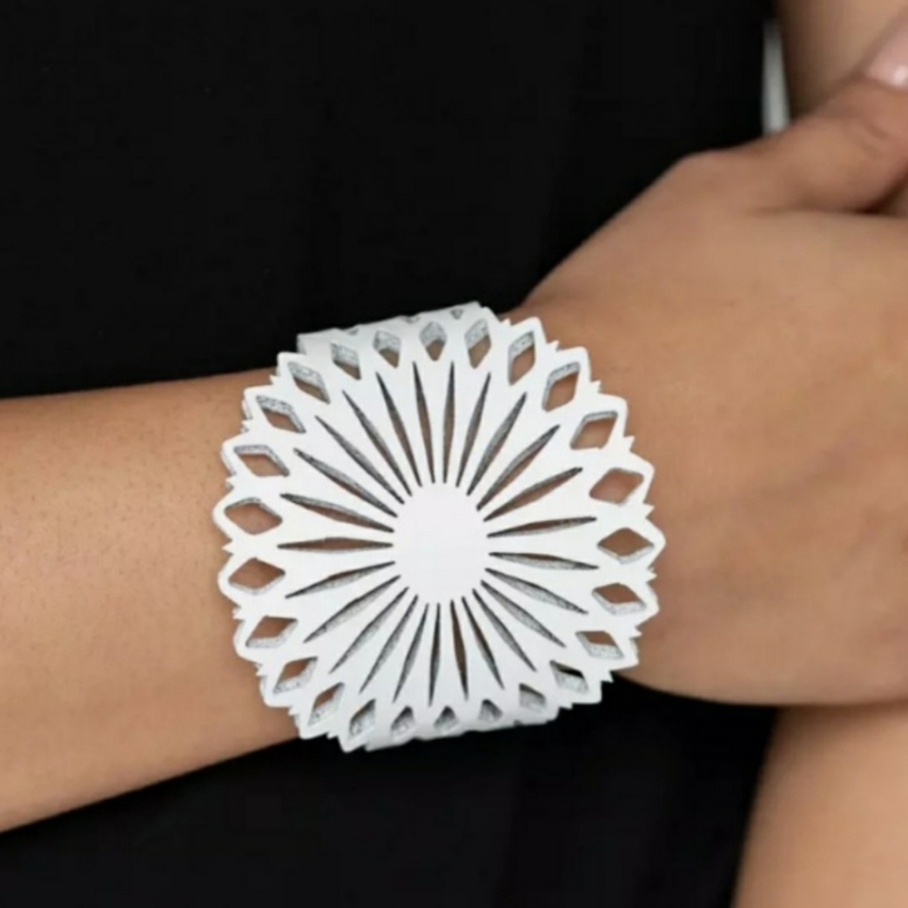 White Laser-Cut Leather Cuff Bracelet
